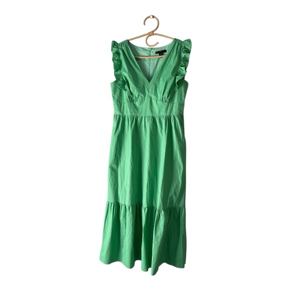 Maggy London V-Neck Sleeveless Ruffle Front Tiered Maxi Dress in Katydid Green - Picture 3 of 12